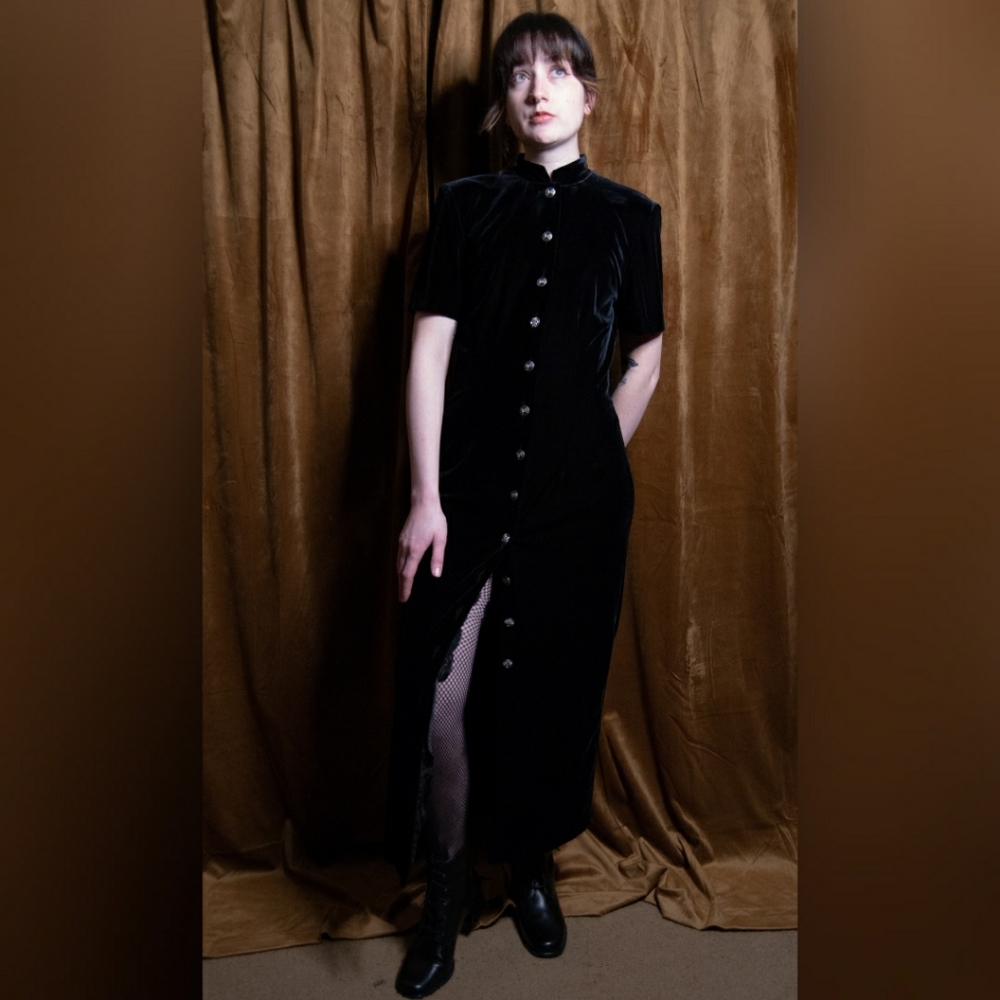 Black Velvet Dress With Mandarin Collar and Silver Buttons Down the Front